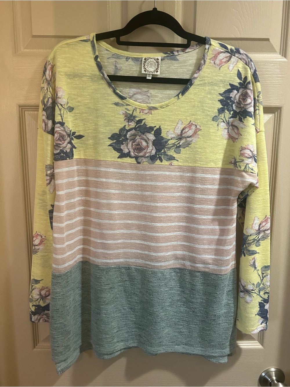 Truself Floral & Stripe Colorblock Long Sleeve Top - Yellow, mauve, deep mint